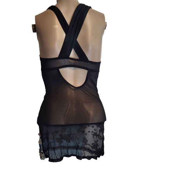 Elegant Moments Gold and Black Mesh with Floral Applique Babydoll Lingerie Sz S - Picture 3 of 5